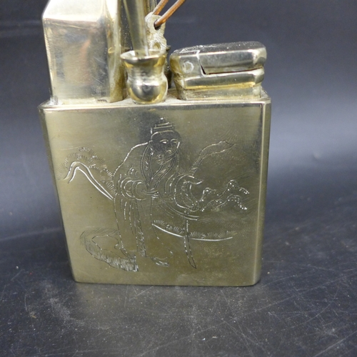 2027 - A Chinese metal opium water pipe, engraved figures and Chinese characters, 21.5cm h