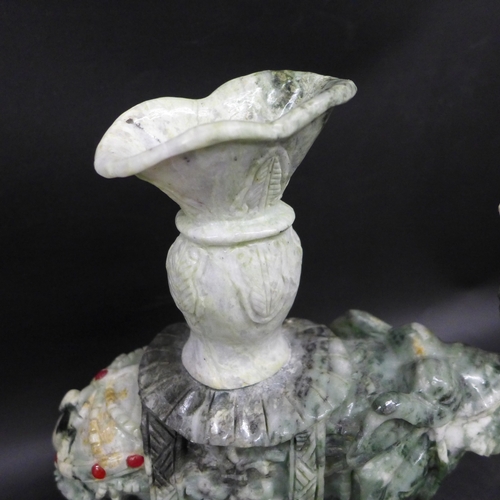 2029 - A carved nephrite / hardstone elephant with a pagoda vase, a/f, 21cm h