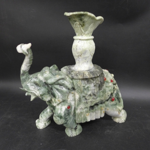 2029 - A carved nephrite / hardstone elephant with a pagoda vase, a/f, 21cm h