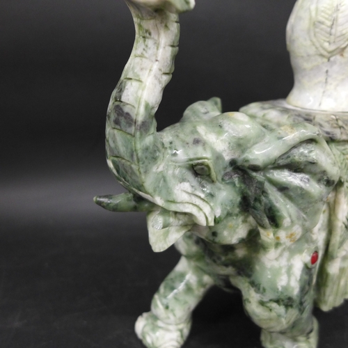 2029 - A carved nephrite / hardstone elephant with a pagoda vase, a/f, 21cm h