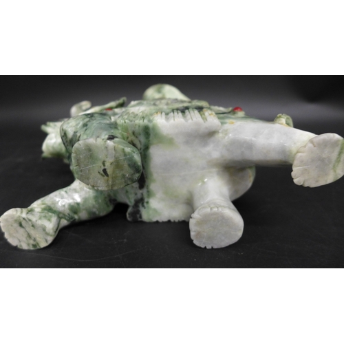 2029 - A carved nephrite / hardstone elephant with a pagoda vase, a/f, 21cm h