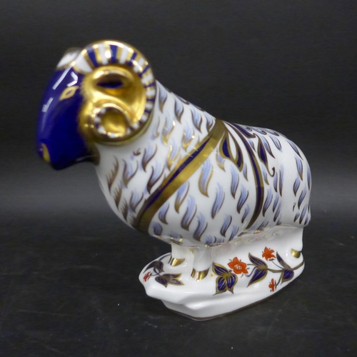 2034 - A Royal Crown Derby Ram paperweight with silver stopper, 14cm h