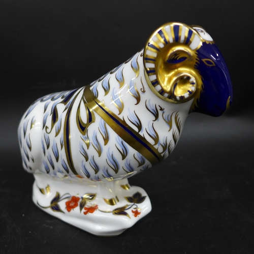 2034 - A Royal Crown Derby Ram paperweight with silver stopper, 14cm h