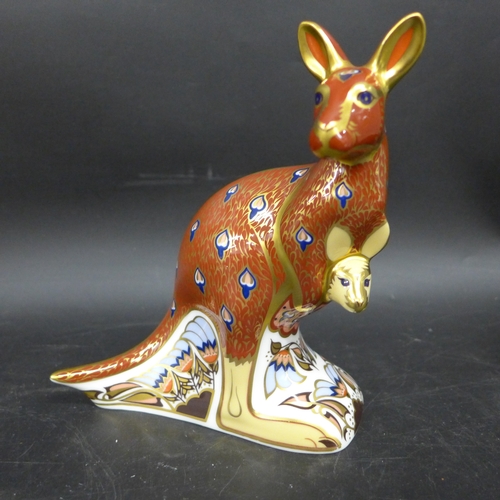 2035 - An Royal Crown Derby Kangaroo with Joey paperweight, with gold stopper, 15cm h