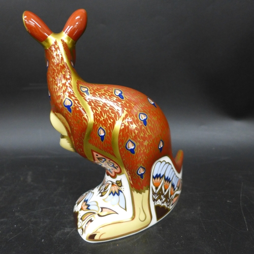 2035 - An Royal Crown Derby Kangaroo with Joey paperweight, with gold stopper, 15cm h