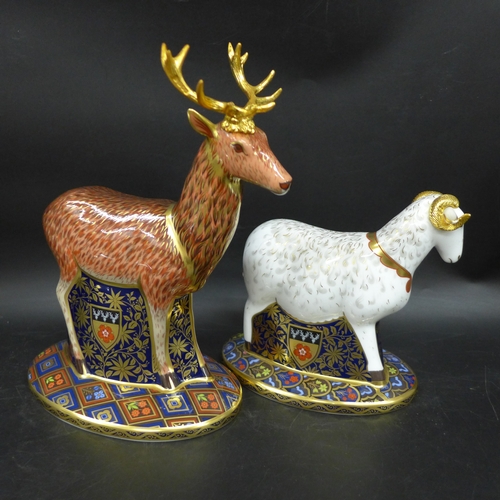 2041 - Two Royal Crown Derby limited edition paperweights The Heraldic Derbyshire Ram 102/950 and The Heral... 