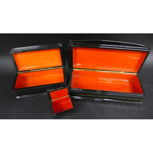 2043 - Three Russian black lacquered boxes with hand-painted scenes on lids, each signed by artist (one a/f... 