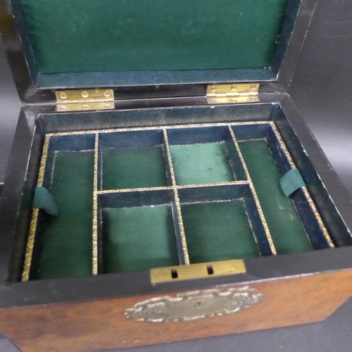 2044 - A c1900 burr walnut jewellery case, brass mounts, with green velvet interior, two trays, 12.5cm h x ... 
