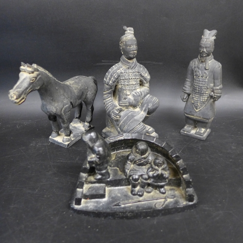 2053 - Two Chinese terracotta warrior figures, horse and a Canadian figure, 14cm h
