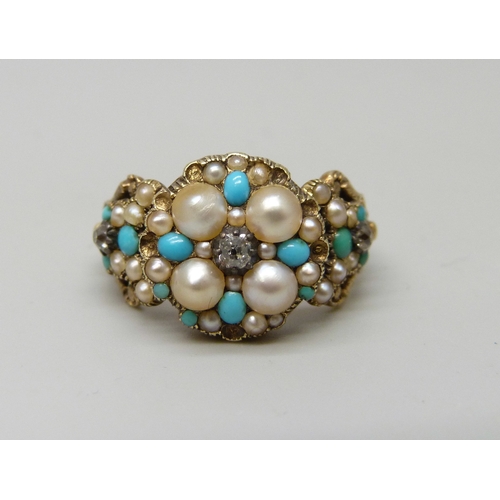 7126 - A Victorian yellow metal, turquoise, seed pearl and diamond mourning locket ring, some stone missing... 