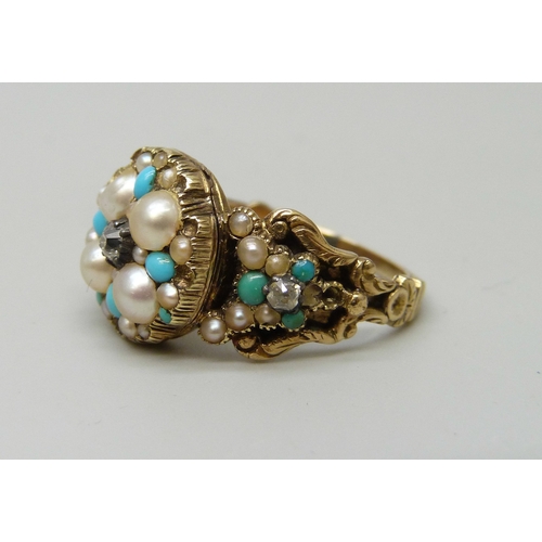 7126 - A Victorian yellow metal, turquoise, seed pearl and diamond mourning locket ring, some stone missing... 