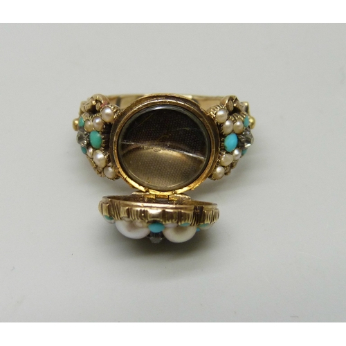 7126 - A Victorian yellow metal, turquoise, seed pearl and diamond mourning locket ring, some stone missing... 