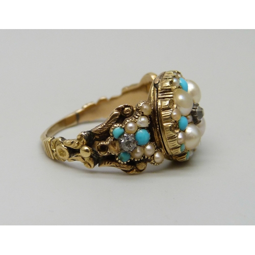 7126 - A Victorian yellow metal, turquoise, seed pearl and diamond mourning locket ring, some stone missing... 