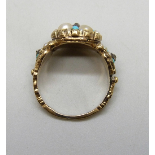 7126 - A Victorian yellow metal, turquoise, seed pearl and diamond mourning locket ring, some stone missing... 