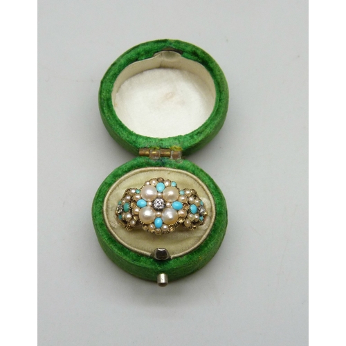 7126 - A Victorian yellow metal, turquoise, seed pearl and diamond mourning locket ring, some stone missing... 