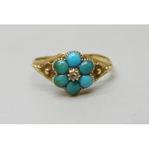 7127 - A late 19th/early 20th century yellow metal ring set with turquoise and a diamond, with mourning com... 