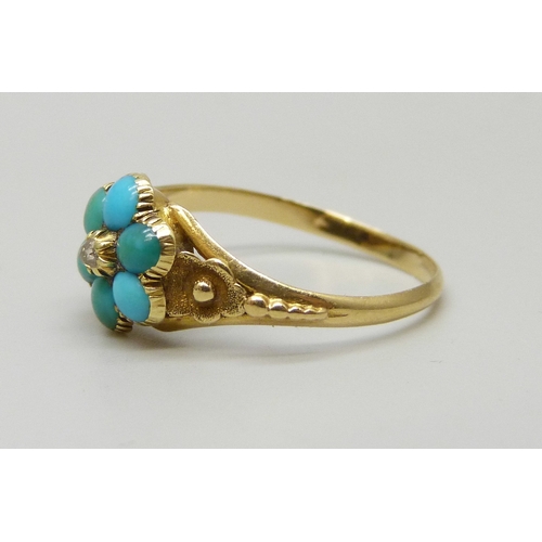 7127 - A late 19th/early 20th century yellow metal ring set with turquoise and a diamond, with mourning com... 