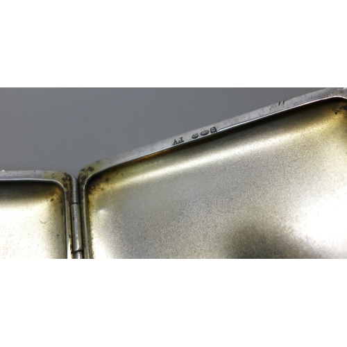 7042 - A silver cigarette case with green guilloche enamel decoration, silver import marks and personalised... 