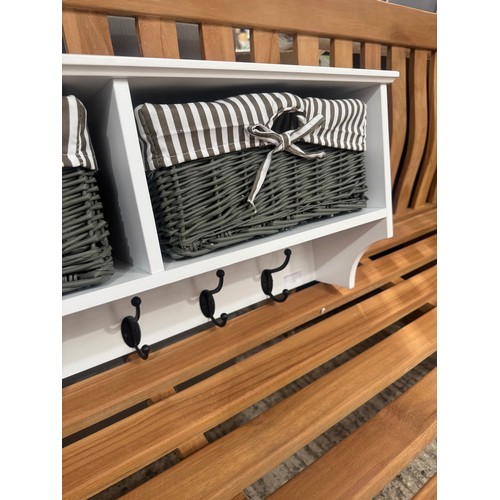 3017 - A white painted wall mounted coat rack and storage