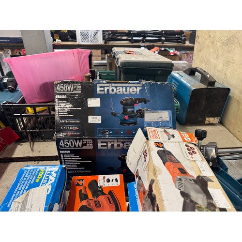 5083 - A quantity of assorted tools including, Erbauer table saw, Black and Decker angle grinder, MacAllist... 