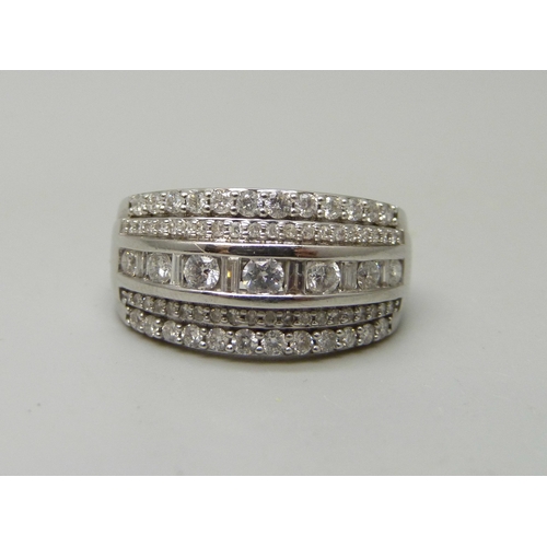 7050A - An 18ct white gold diamond set ring, 1 carat total diamond weight marked in shank, 6.1g, O, in Harro...
