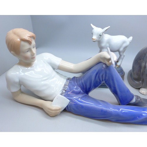 2008 - Eight Royal Copenhagen figures including cat, panda, fish, rabbit, lounging boy and others