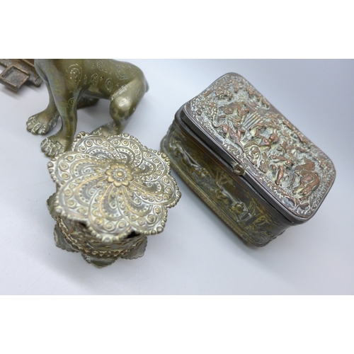 2028 - A collection of brass objects including two trinket boxes, a deity and two animal figures