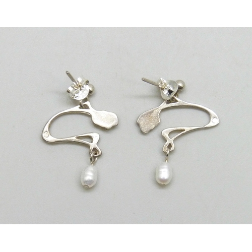 7035 - Malcolm Gray, a pair of Scottish silver Art Nouveau design earring set with pearls, 2.4cm