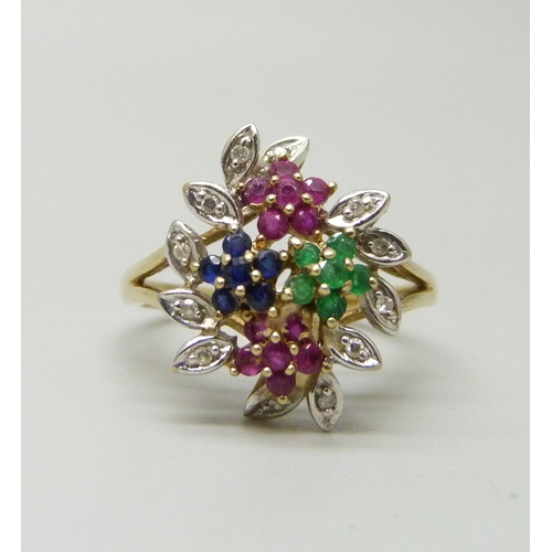 7037 - A 9ct gold, diamond, emerald, ruby and sapphire cluster ring,  3.8g, S