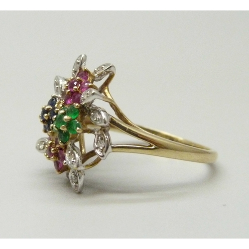7037 - A 9ct gold, diamond, emerald, ruby and sapphire cluster ring,  3.8g, S