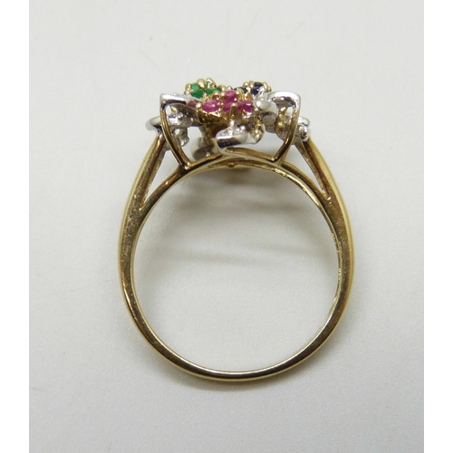 7037 - A 9ct gold, diamond, emerald, ruby and sapphire cluster ring,  3.8g, S