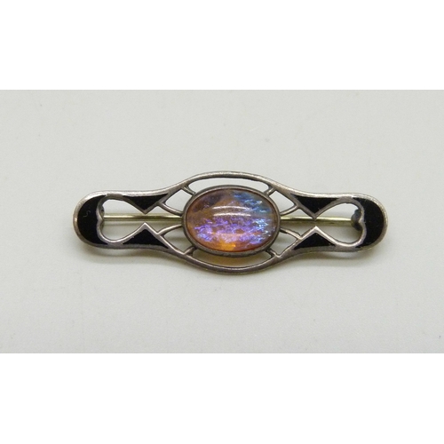 7041 - A Czech early 20th century secese Art Nouveau white metal brooch set with a Bohemian Dragon's Breath... 