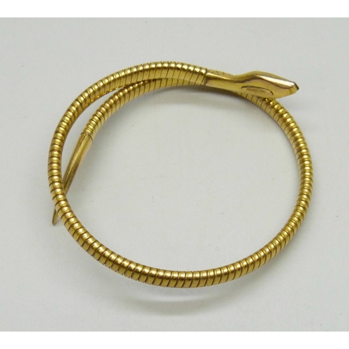 7049 - A rolled gold snake bangle with enamel head, 12.8g, 5.5 x 5cm