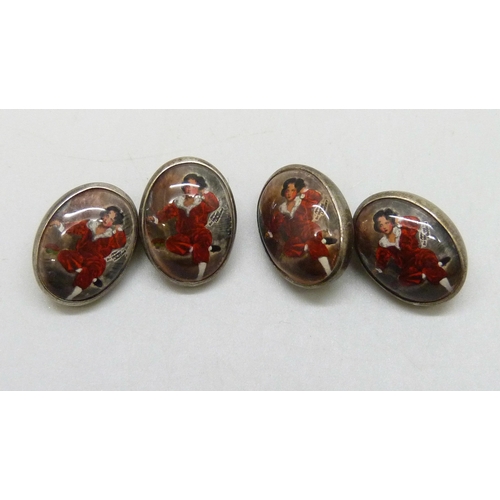 7057 - A pair of silver cufflinks depicting The Red Boy portrait by Thomas Lawrence, attributed to Thomas M... 