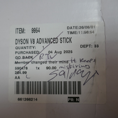 5011 - A Dyson V8 advanced stick  vacuum cleaner, RRP £264.99 + VAT (399-349) *This lot is subject to VAT