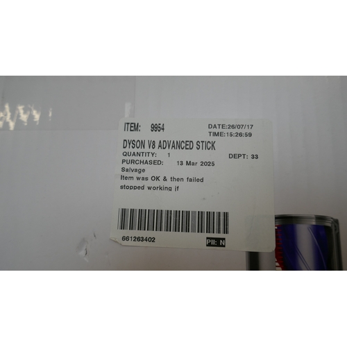 5012 - A Dyson V8 Advanced stick vacuum cleaner, RRP £264.99 + VAT (399-348) *This lot is subject to VAT