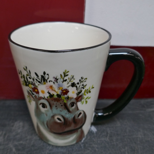 5018 - Three animal mugs, a glass and two thermal mugs  (399-29,514) *This lot is subject to VAT