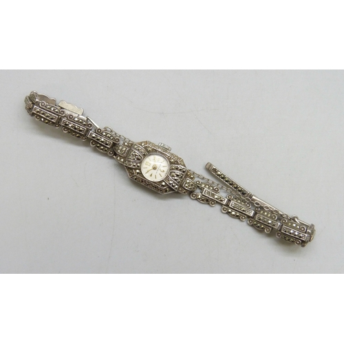 A lady's silver and marcasite cocktail wristwatch, London import ...