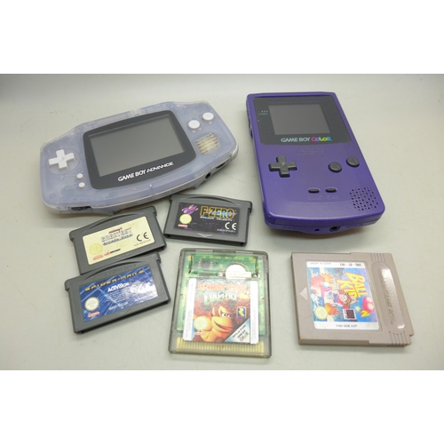 A Nintendo Gameboy Advance and Purple Gameboy colour console, games ...
