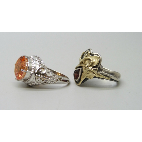 Two silver rings - a Brutalist example, Q, and a Gemporia example, P/Q