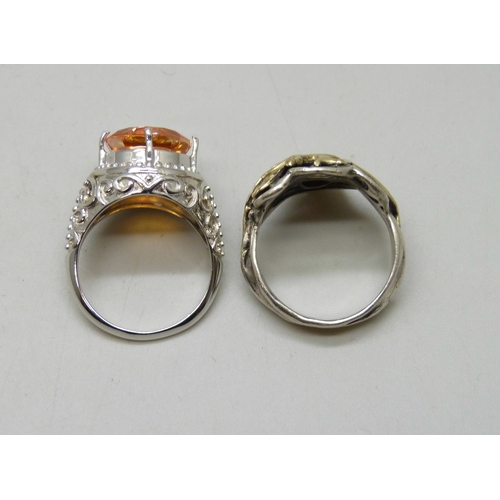 Two silver rings - a Brutalist example, Q, and a Gemporia example, P/Q