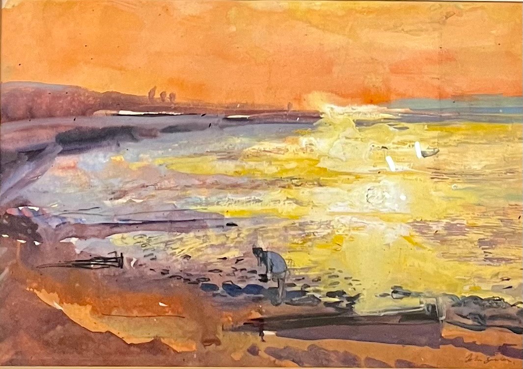 John Gilbey Bowley, coastal landscape with figure, watercolour, framed
