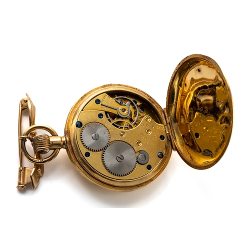 5 - An 18ct yellow gold half hunter ladies fob watch, the outer hinged cover with circular dial with ena... 