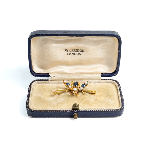 15 - A late 19th/early 20th century yellow gold sapphire and pearl insect brooch, modelled as a fly, set ... 