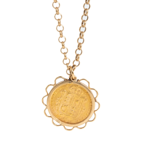 17 - An 1892 shield back half sovereign pendant, in a 9ct yellow gold pendant mount, on a 9ct yellow gold... 