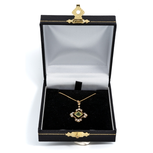 21 - An Edwardian 15ct yellow gold peridot and seed pearl pendant, set with a square-cut peridot surround... 