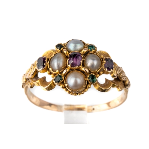 31 - A 19th century yellow gold and gem-set ring, set with pearls and green and pink stones in closed bac... 