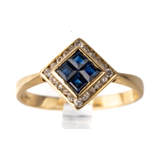 33 - A 14k yellow gold sapphire and diamond ring, set with four square-cut sapphires surrounded by cubic ... 