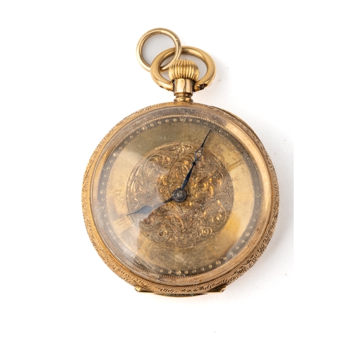 35 - An 18ct yellow gold ladies fob watch, the case chased and engraved, gross weight approx 24.8g; toget... 