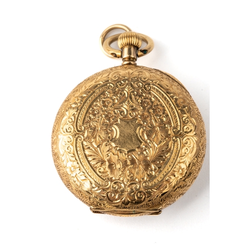 35 - An 18ct yellow gold ladies fob watch, the case chased and engraved, gross weight approx 24.8g; toget... 